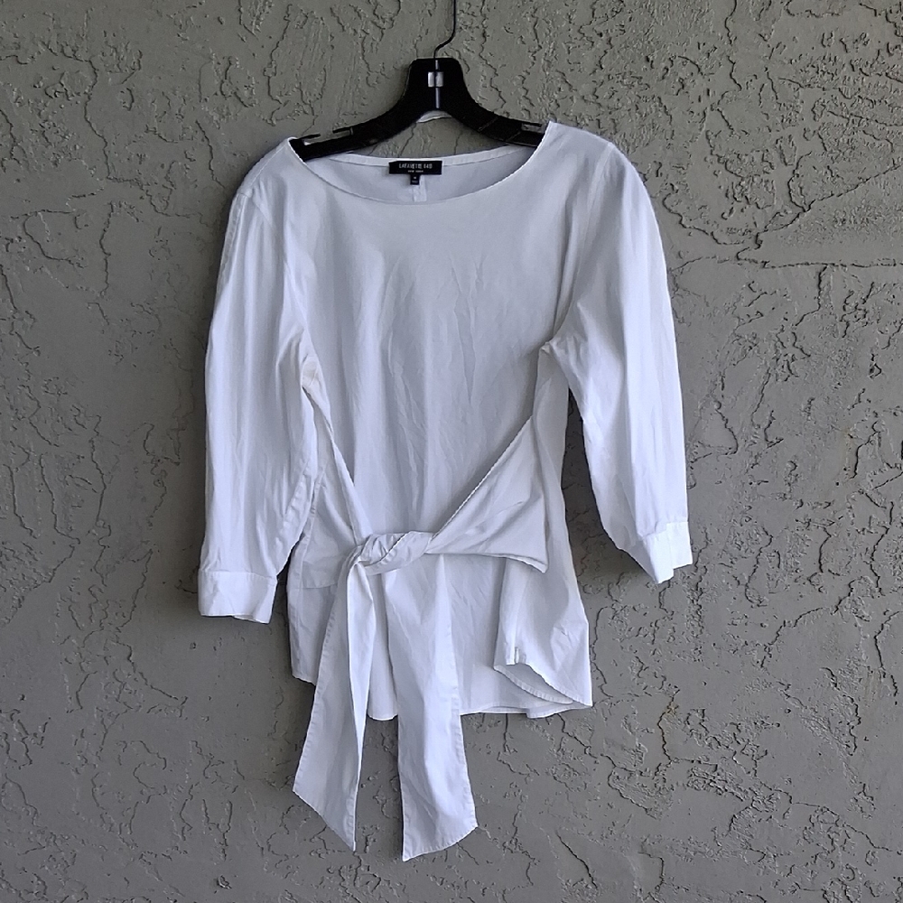 Lafayette 148 New York White 3/4 Sleeve Asymmetrical Tie Front Blouse